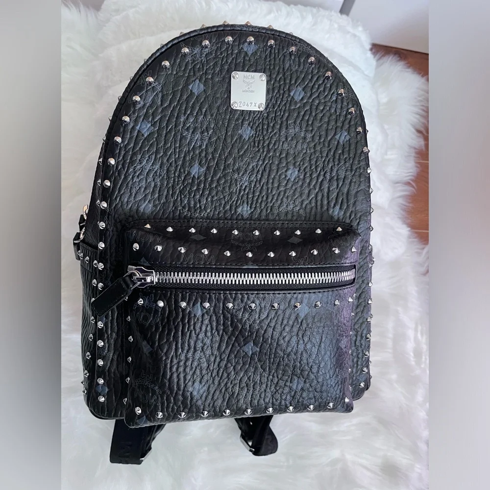 MCM Black Leather Studded Women’s Backpack with Monogram Print - Picture 14 of 16